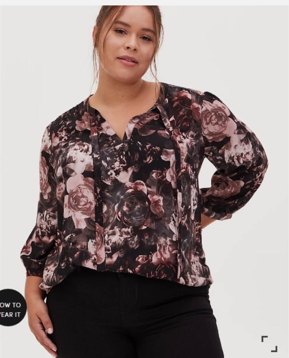 Torrid Georgette Tie Neck Peasant Blouse Black Floral Dusty Rose Size 0 (L/12)